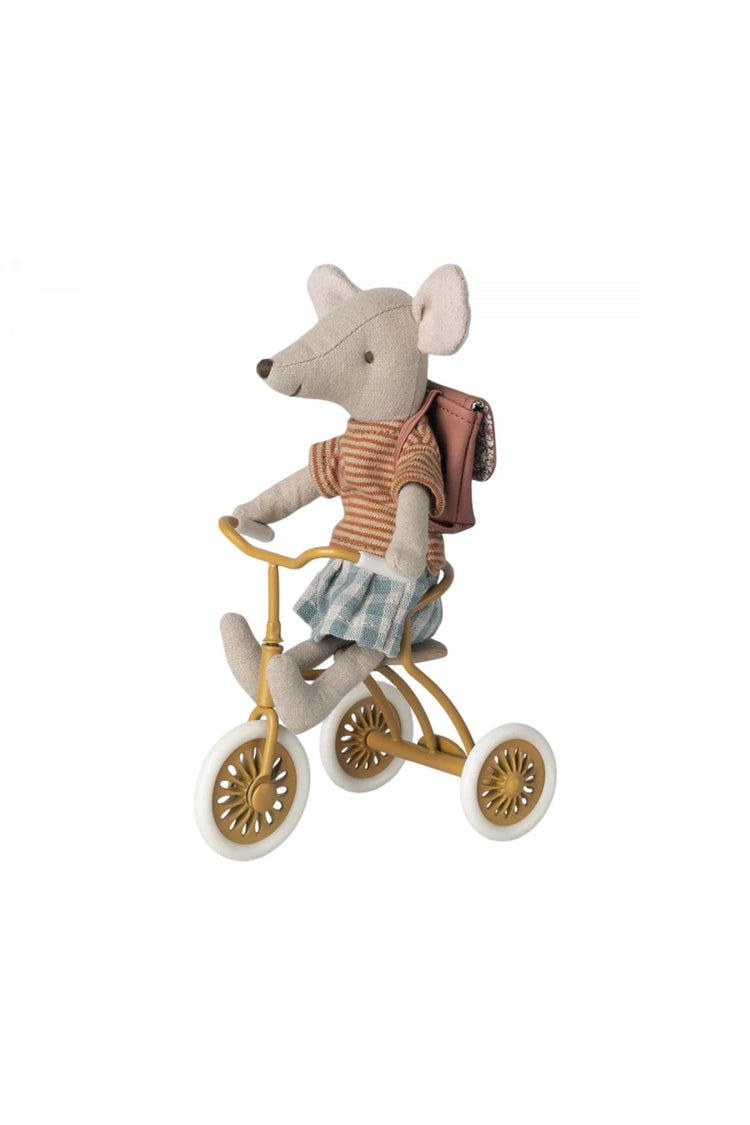 Maileg Big Sister Tricycle Mouse with Backpack: Old Rose