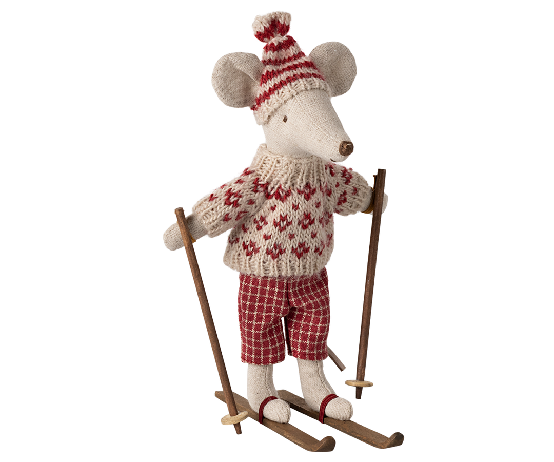 Winter mouse with ski set, Mum - Red