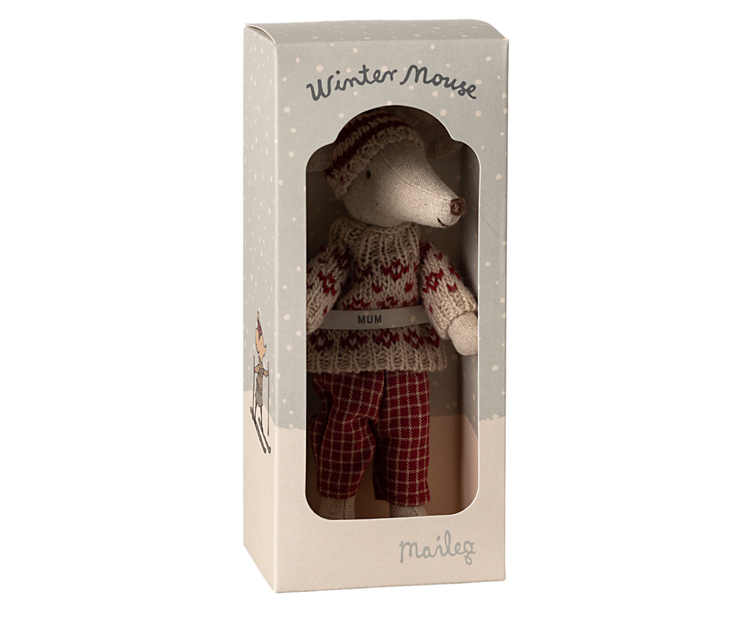 Winter mouse with ski set, Mum - Red