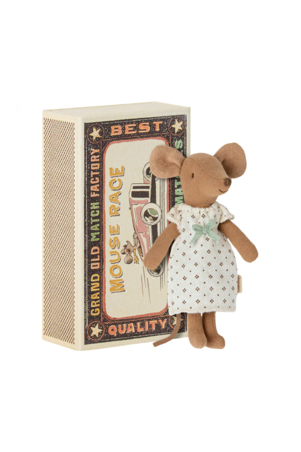Mouse in Box - Maileg Big Sister Mouse tucked snugly into her matchbox, a delightful dollhouse addition