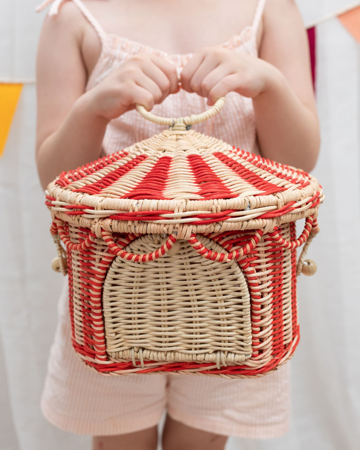 Red and Straw Circus Tent Basket for decorative purposes