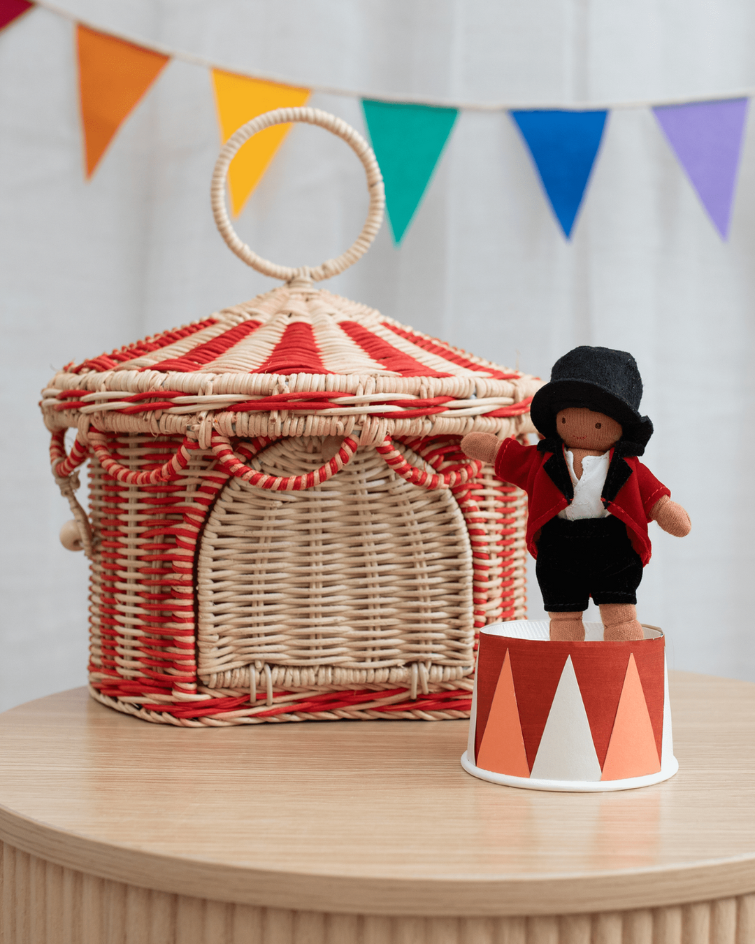 Charming Red and Straw Circus Tent Basket for any room.