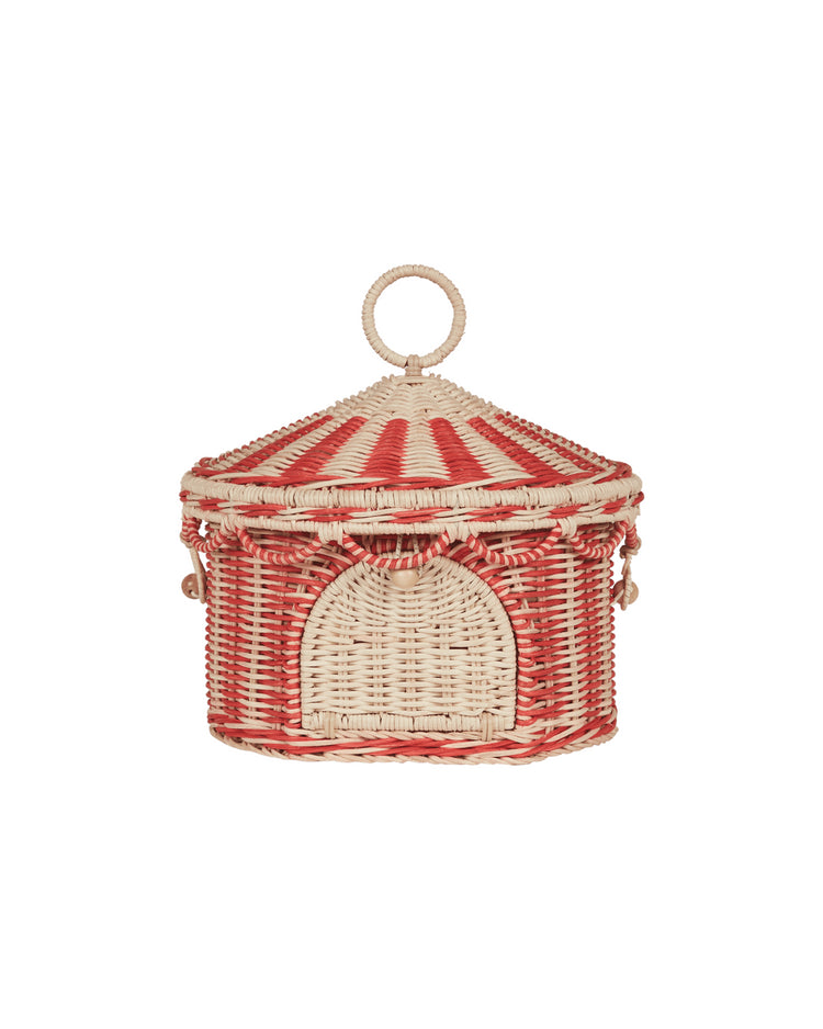 Unique Home Decor Item - Handmade Circus Tent Basket in Red and Straw