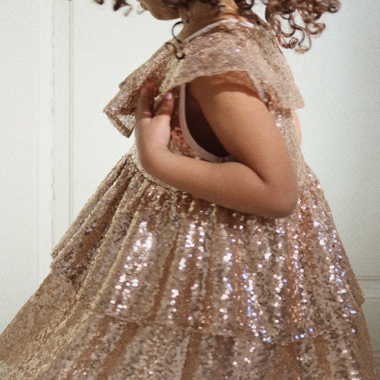 blush gold sequin dress SEV V-Back Sculpted Sequin Dress in Blush Gold