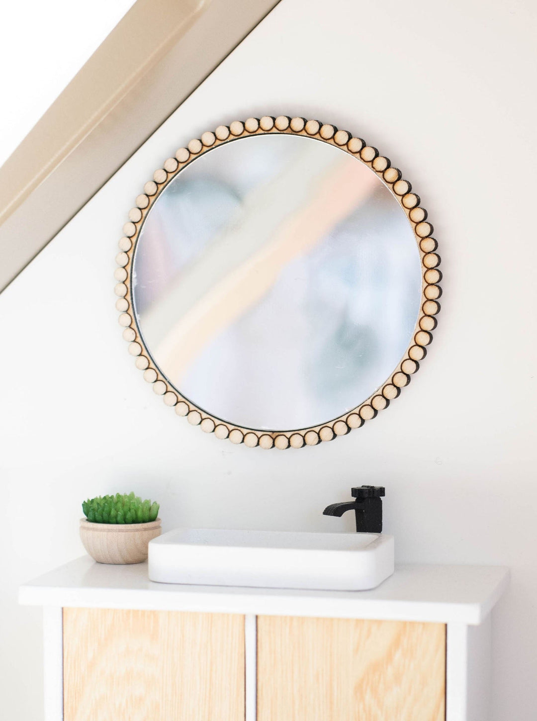 Round Beaded Mirror | Natural Wood