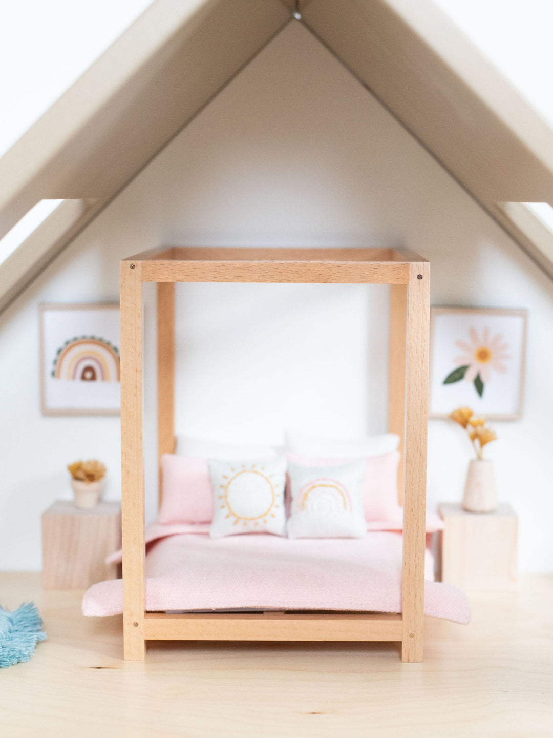 Four Poster Bed + Mattress | Natural Wood