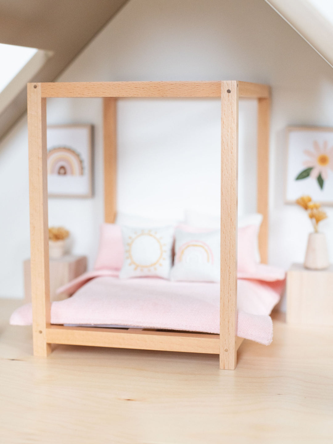 Four Poster Bed + Mattress | Natural Wood