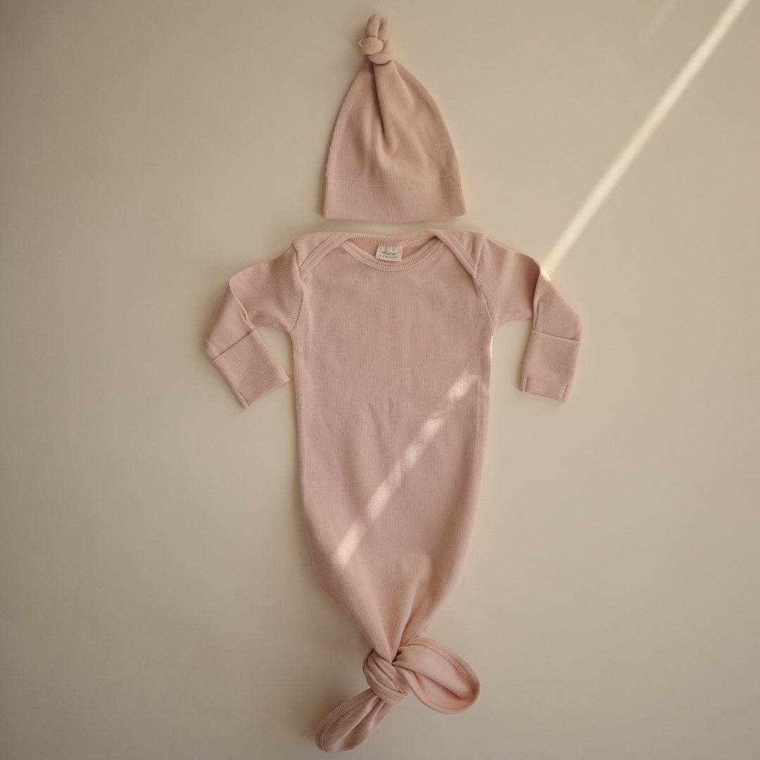 Ribbed Knotted Baby Gown + Beanie Set