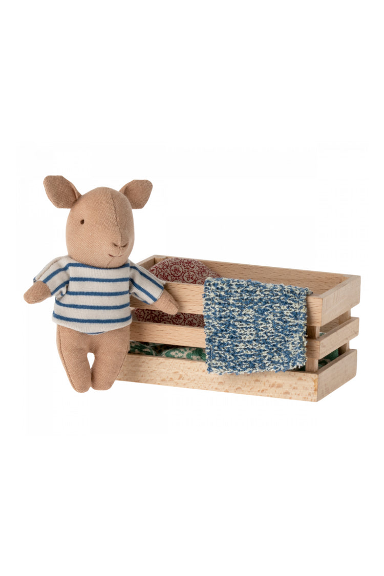 Meet the adorable Maileg Baby Boy Pig in Box, a delightful addition to your dollhouse farm scene