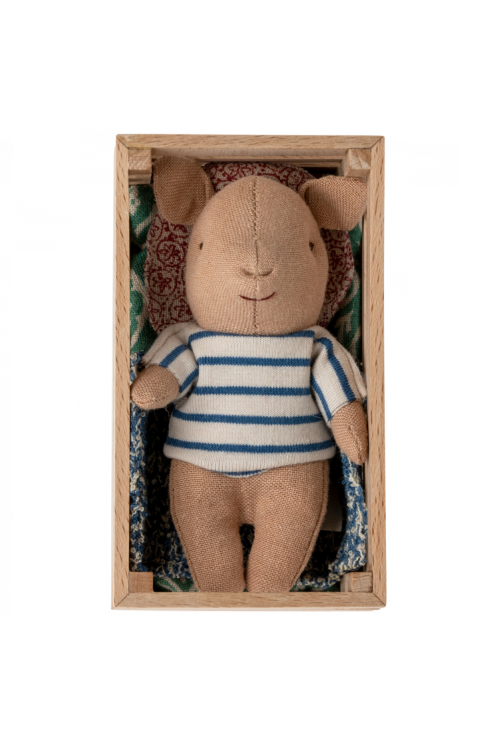 Introducing the sweet Maileg Baby Boy Pig in Box, ready to bring farmyard fun to your dollhouse adventures