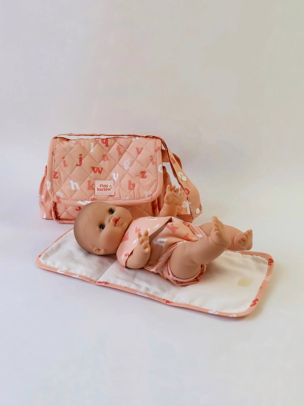 Tiny Harlow Doll Nappy Bag 4pc Set - Peachy Alphabet